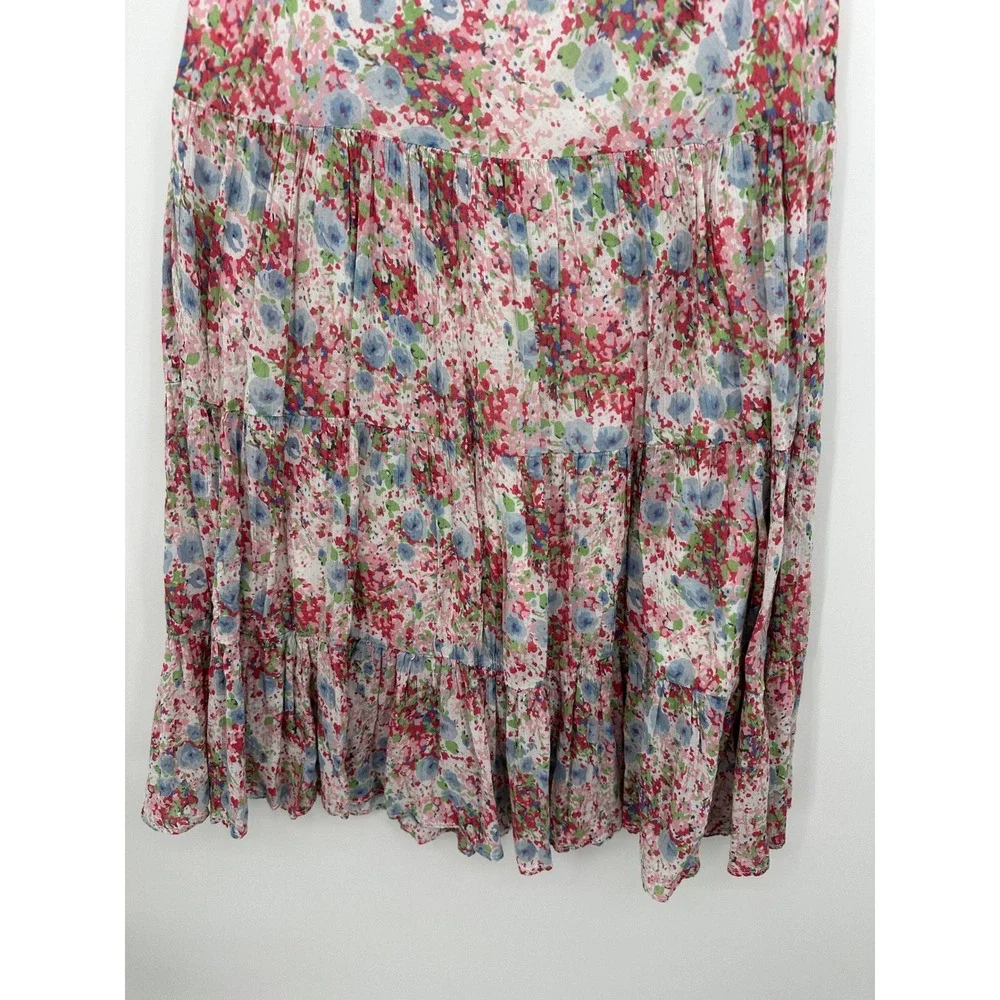 Chaps Denim Womens Large Pink Blue Floral Tiered Cotton Midi Skirt Boho Cottage